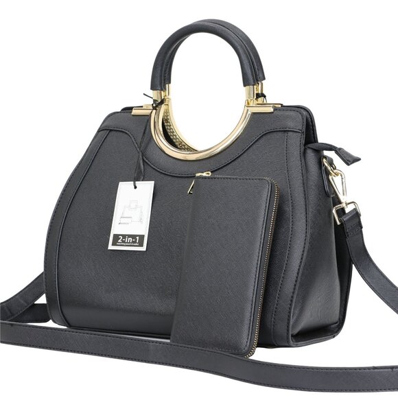 Black Faux Leather Purse and Wallet 2 in 1 Set Tote Cross Body Shoulder Hand Bag - Picture 1 of 9